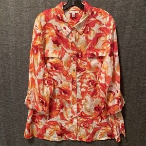 JM Collection Top Women 24W Orange Pink Floral Linen Button Shirt Beachy Coastal